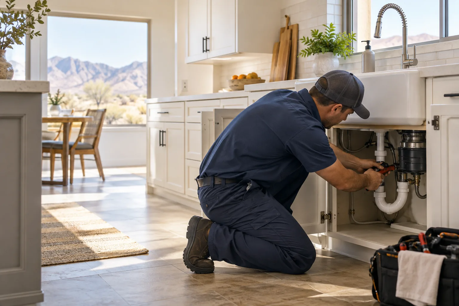 Plumbing technician inspecting pipes beneath a kitchen sink in a bright Southwestern home