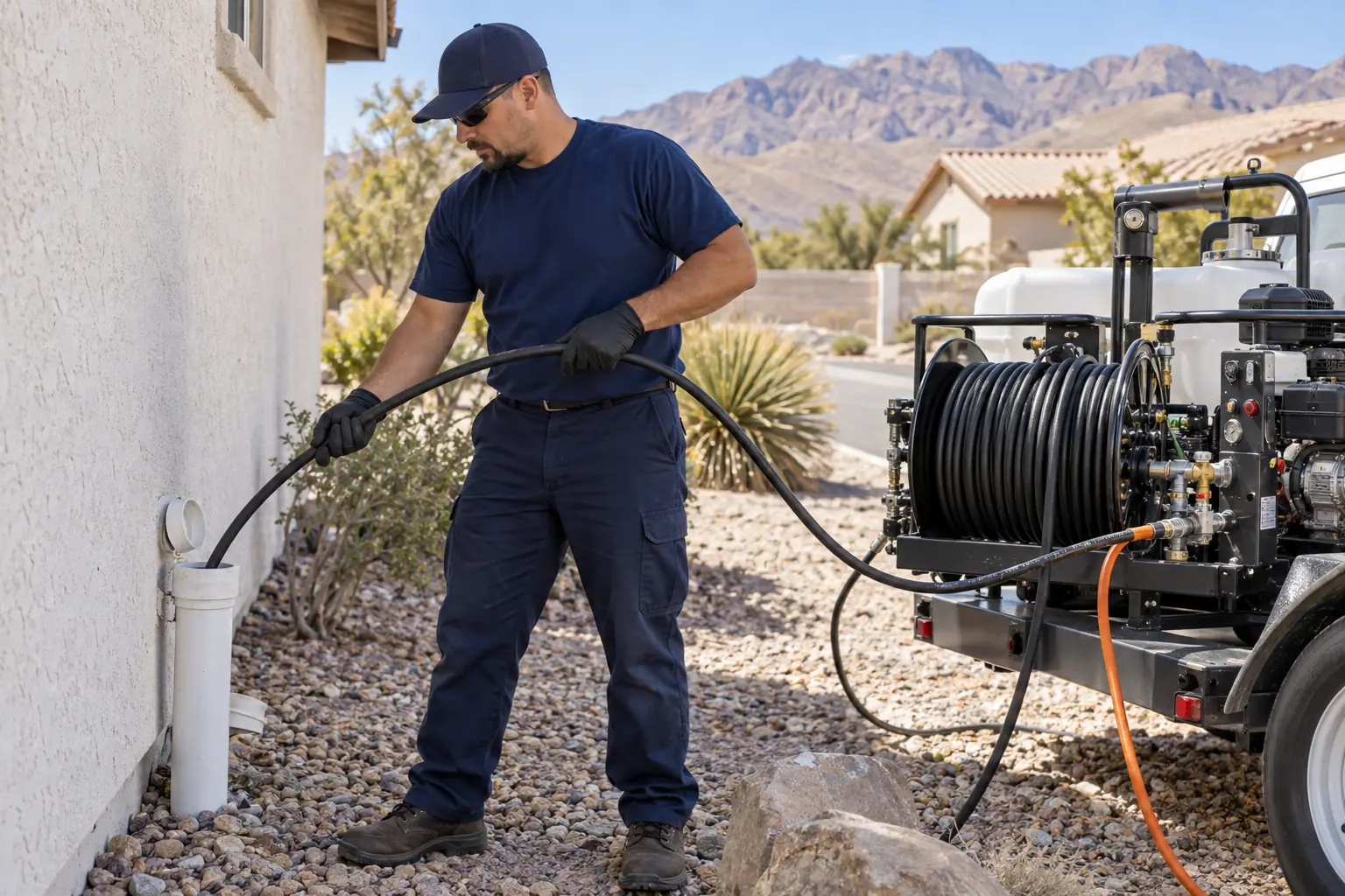 Plumbing technician operating hydro-jetting equipment at an exterior cleanout