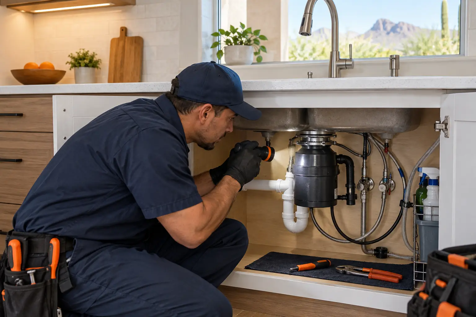 Plumber inspecting a kitchen garbage disposal and sink connection in Pahrump