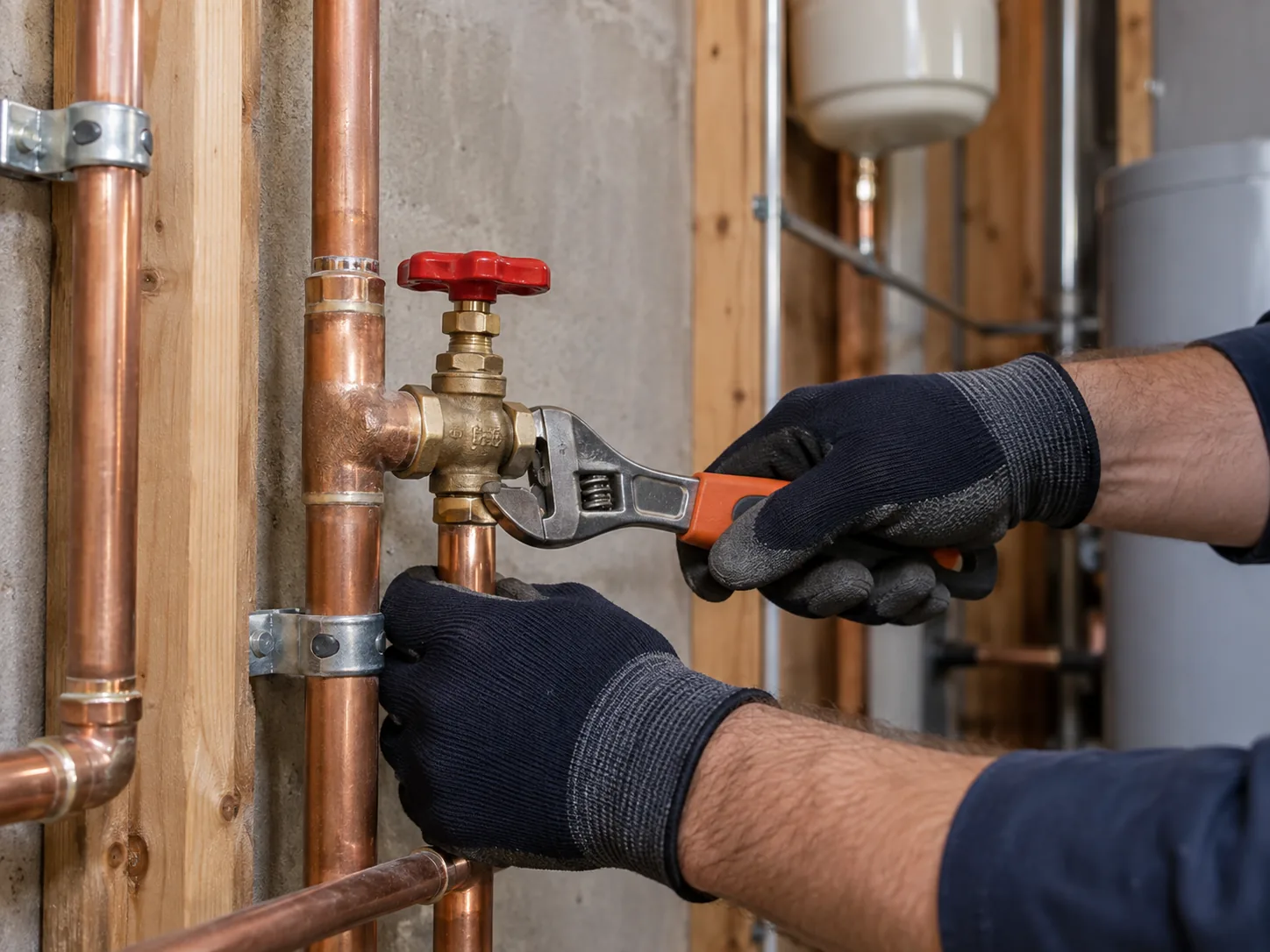 Gloved plumbing technician repairing an accessible copper water-pipe valve
