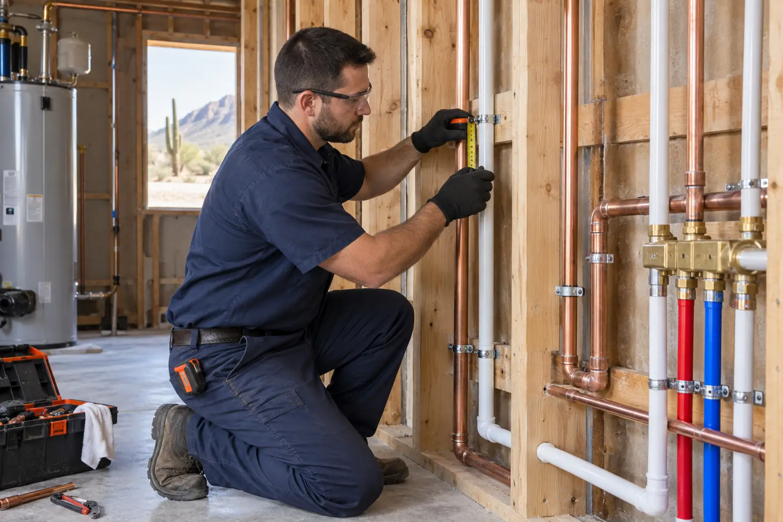 Plumbing technician checking organized water-supply piping during water pressure service