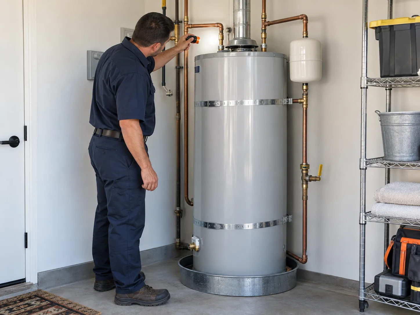 Plumbing technician inspecting a residential tank water heater and its connections